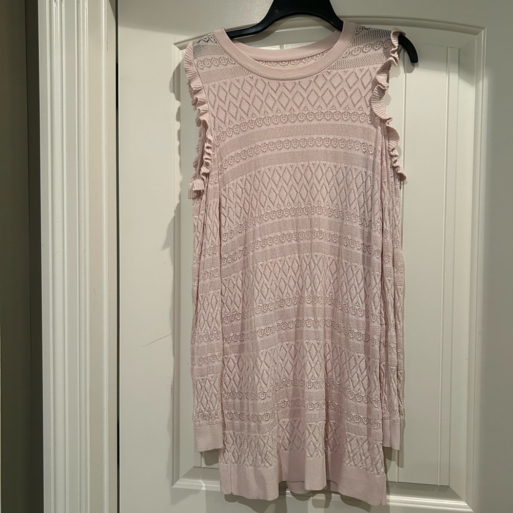 Lauren Conrad Pointelle Cold Shoulder Ruffle Knit Stretch Dainty Sweater Dress